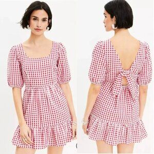 Loft Red Gingham Baby Doll Mini Cotton Dress, open back, puff short sleeve Sz 12